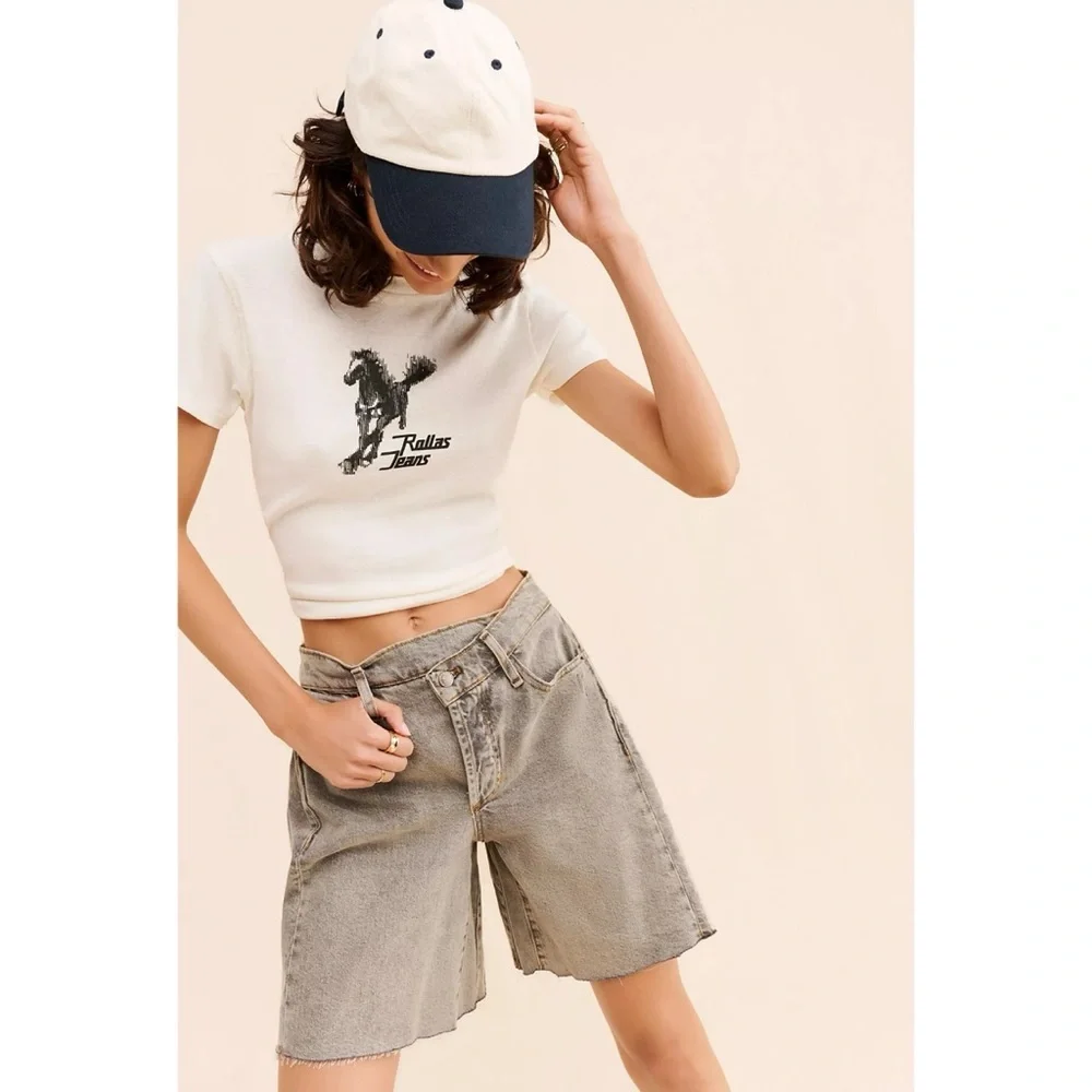 NWT Free People Boomerang Long Jean Shorts Gray 27